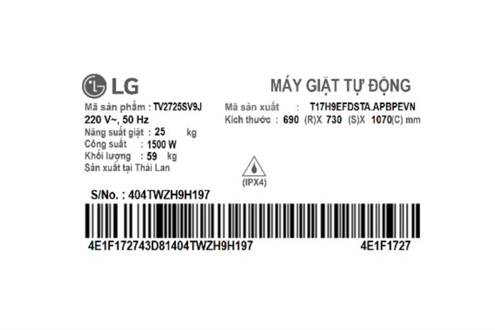 Máy giặt LG Lồng đứng AI DD Inverter 25 kg TV2725SV9J